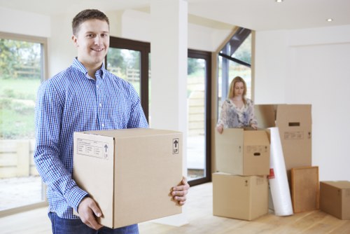 Packed boxes and furniture ready for a house move in Isleworth