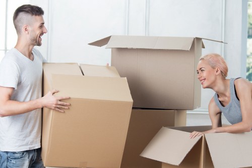 Packed office and business items ready for transport during an Isleworth move